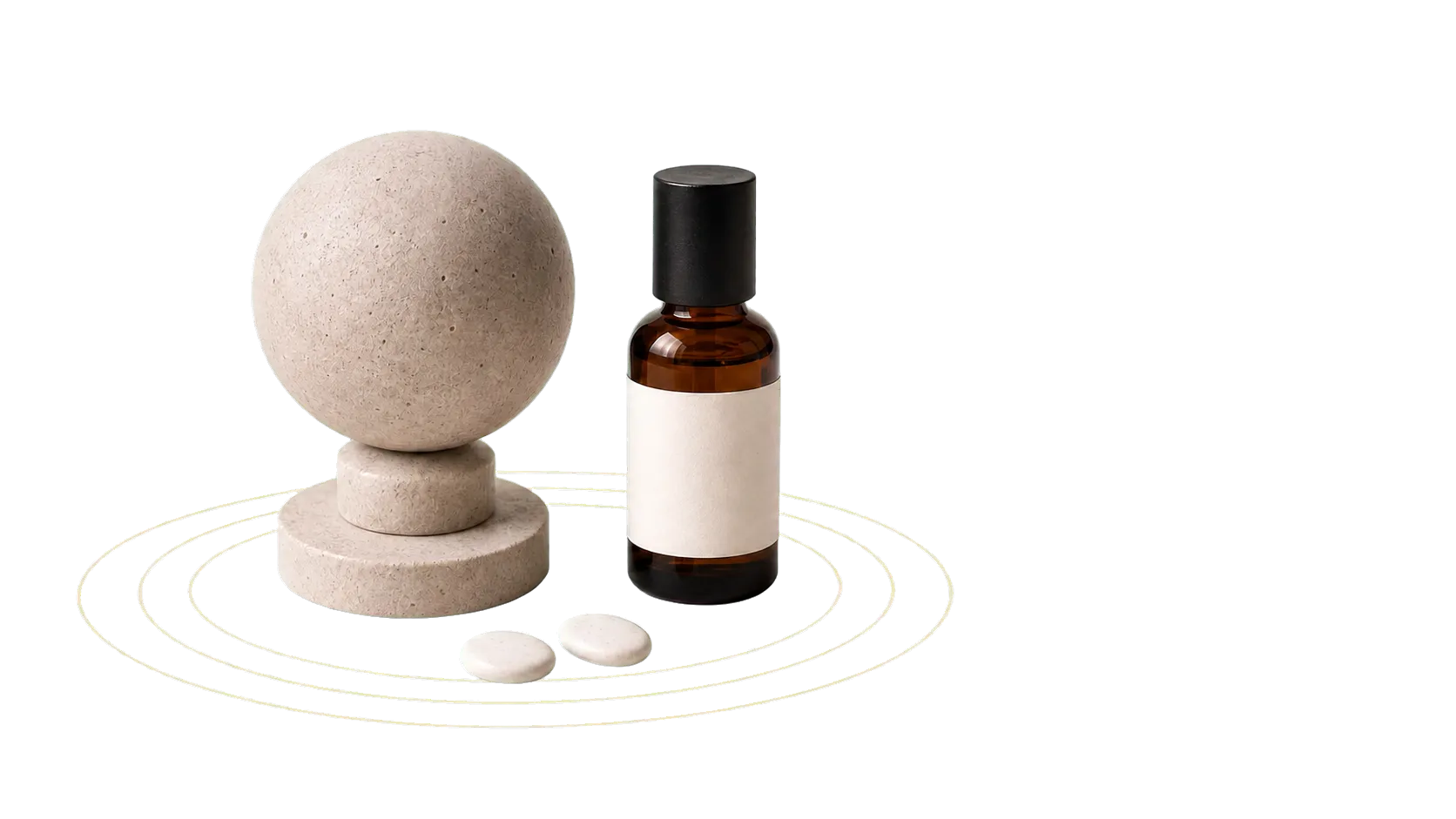 Stone sphere, amber serum bottle, and tablets on a limestone plinth