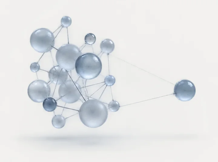 An illustration of a molecular model, spheres joined by connecting lines.