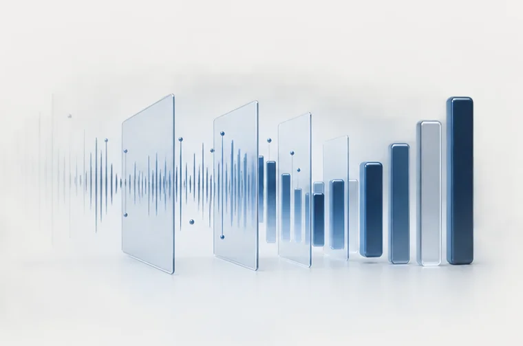 An illustration of layered translucent panels resolving into a bar chart.